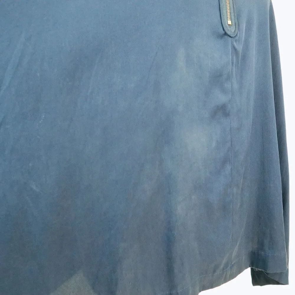Vince Size S Stretch Silk Satin Boxy Blouse Gold Zipper Neck Navy Blue